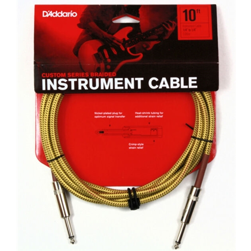 D'Addario PW-BG-10TW Custom Series Braided Instrument Cable, Tweed, 10'